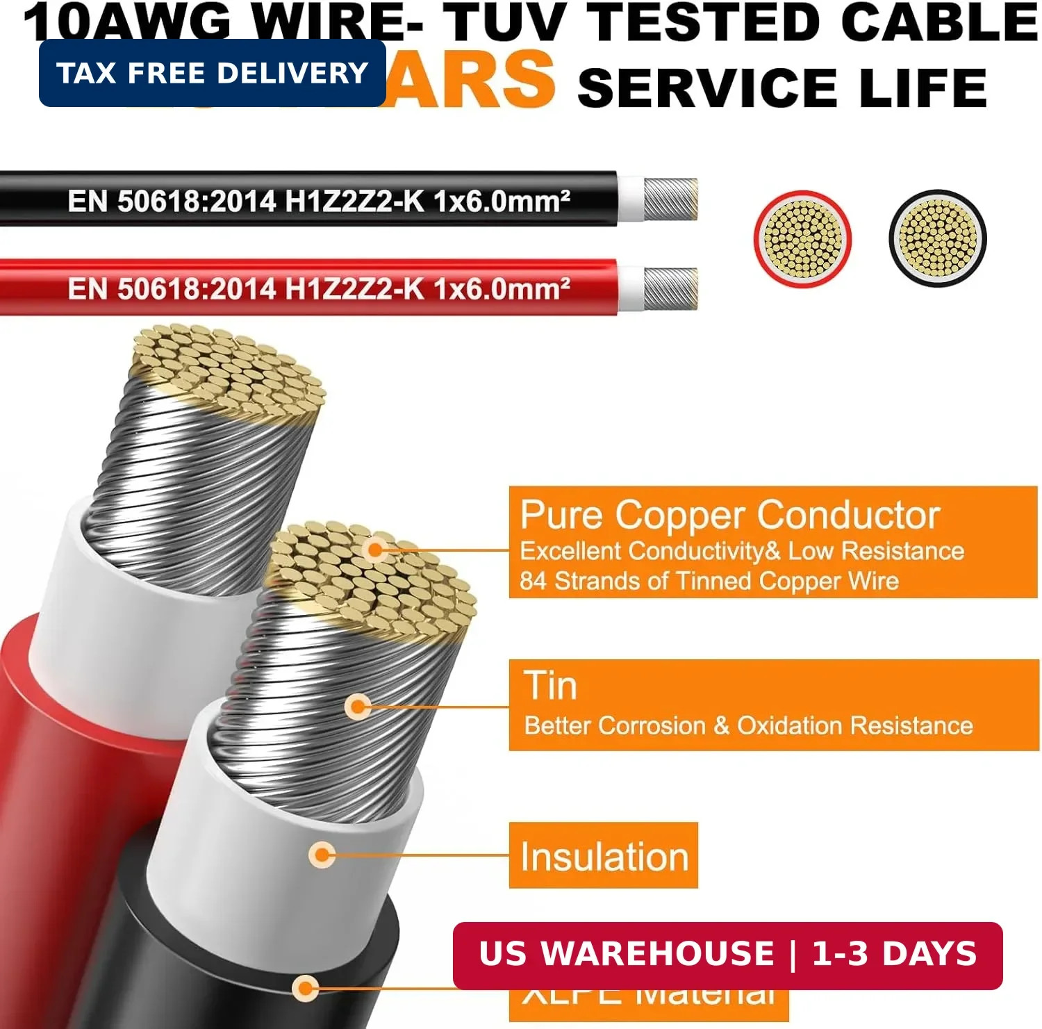 Oududianzi 2×50 Feet Solar Panel Wire, 10AWG Solar Wire Tinned Copper 10 Gauge P