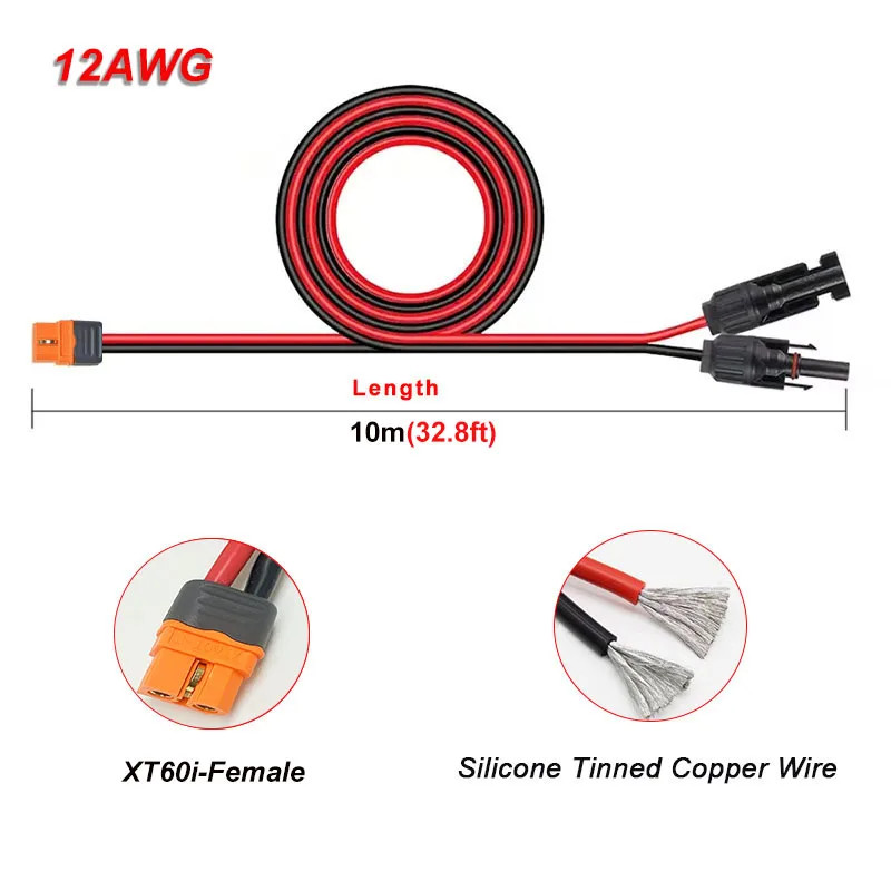 12 AWG Solar to Xt60I Cable 1M~10M (3.2Ft~32.8Ft) Solar Connector to Xt60IF Adap