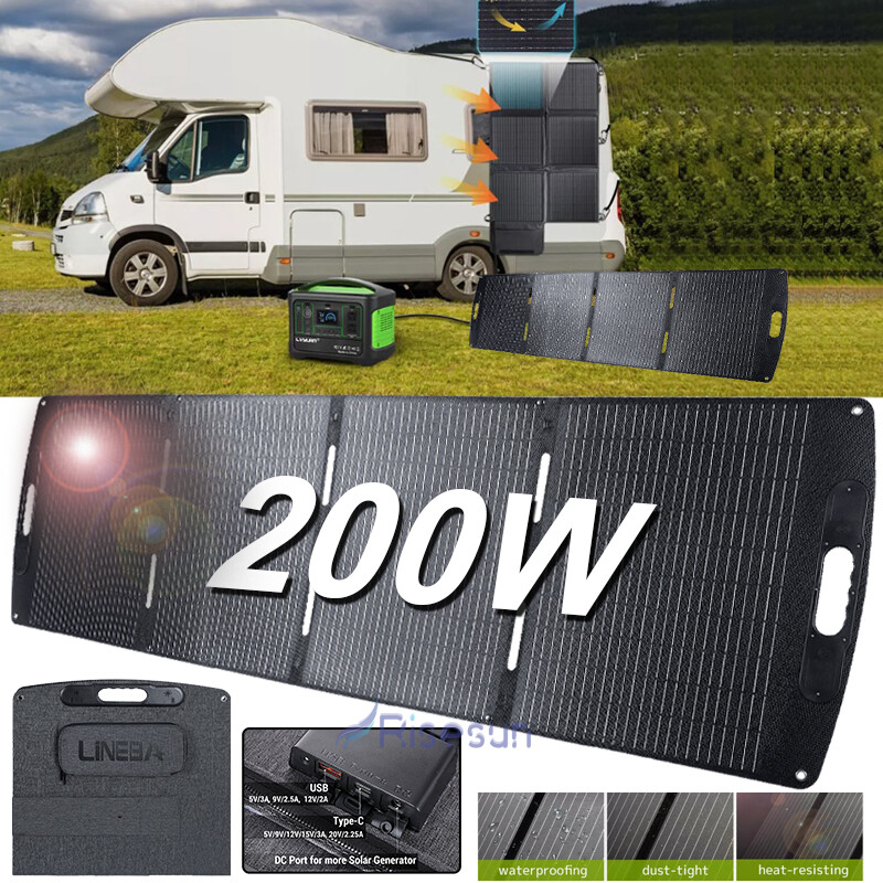 200W Portable Solar Panels Chargers with Type-C,USB and DC Outputs Foldable IP67