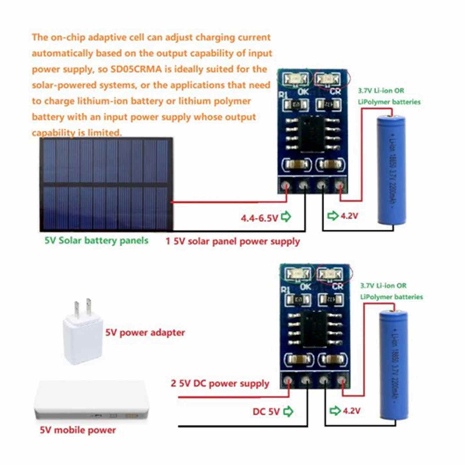 2pcs SD05CRMA Li Ion Lithium Battery Charger Module 4.4-6.5V Input Solar