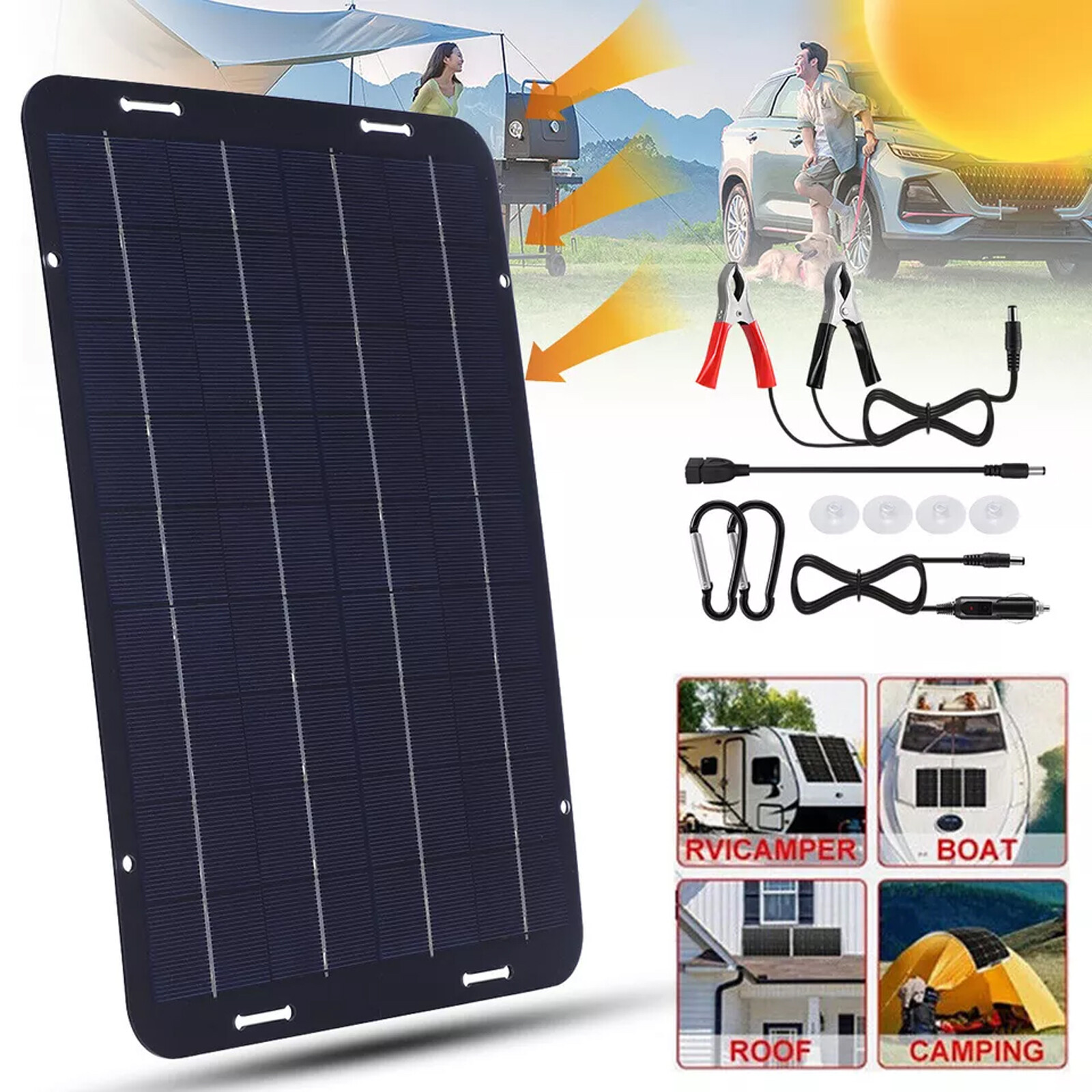 60W Solar Panel 18V Trickle Charger Battery Charger Kit Maintainer Boat Car RV