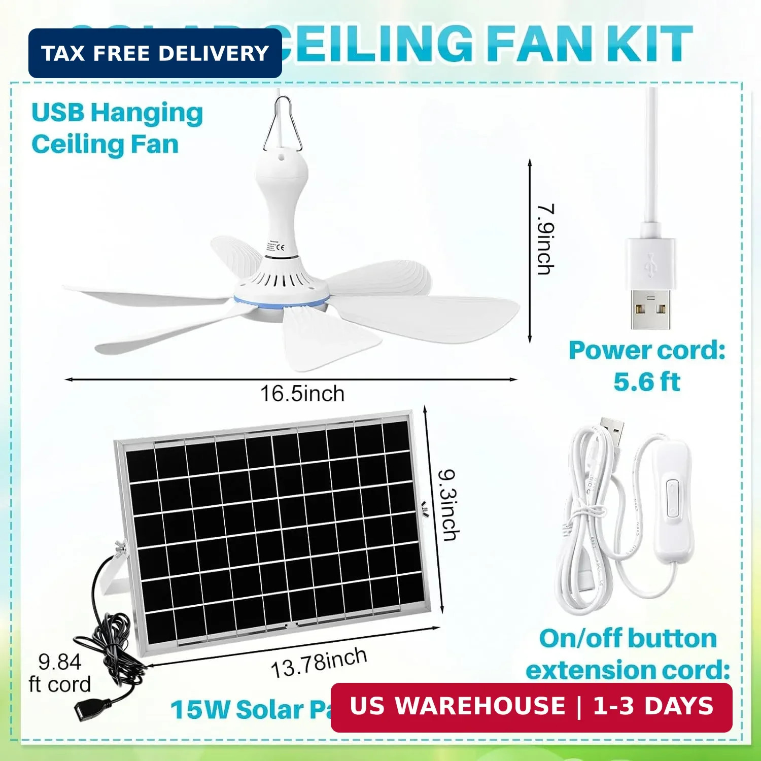 Tujoe 2 Set Solar Powered Ceiling Fan Kit for Outdoor,Portable 15W Solar Panel P