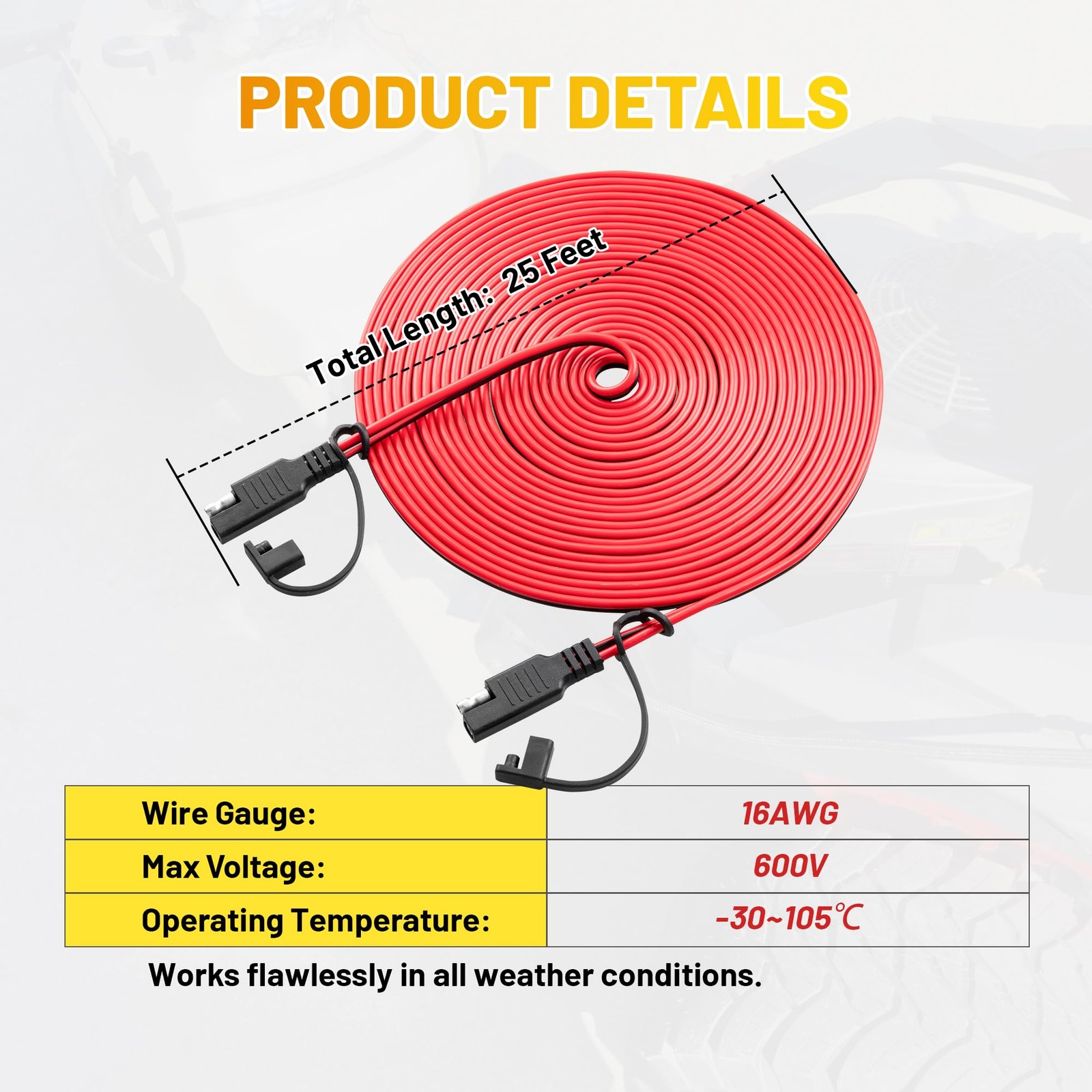 25FT Battery Charger SAE Extension Cable 16AWG, 2 Pin SAE Quick Connector for…