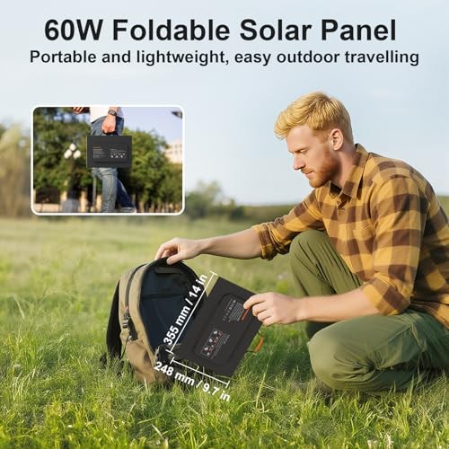 Foldable 60W Portable Solar Panel Charger with USB-C, USB-A, DC Outputs