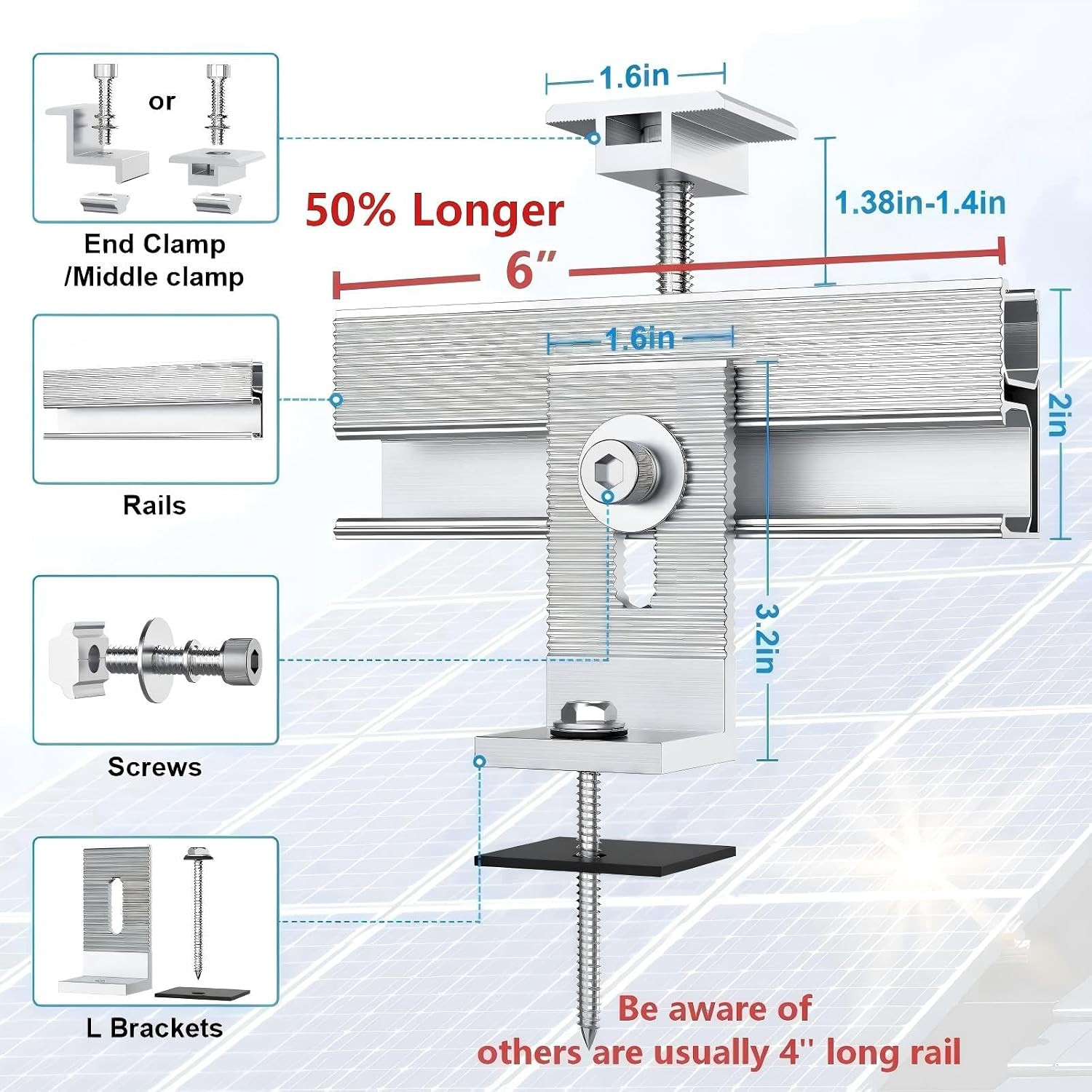Solar Panel Mounting Bracket Kit, 10Pcs Upgraded Longer Stronger 6 Inch Rails So