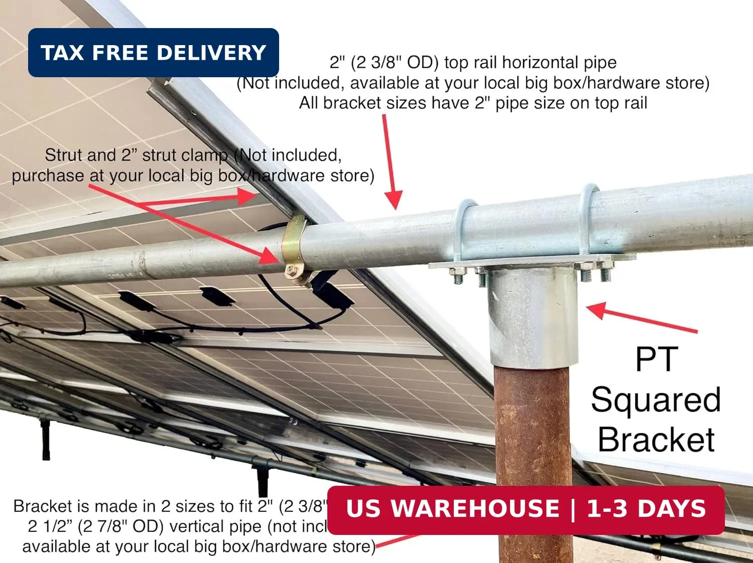 Solar Panel Array Ground Mounting Bracket for 2.5″ (2 7/8″ OD) Pipe or Pole Moun