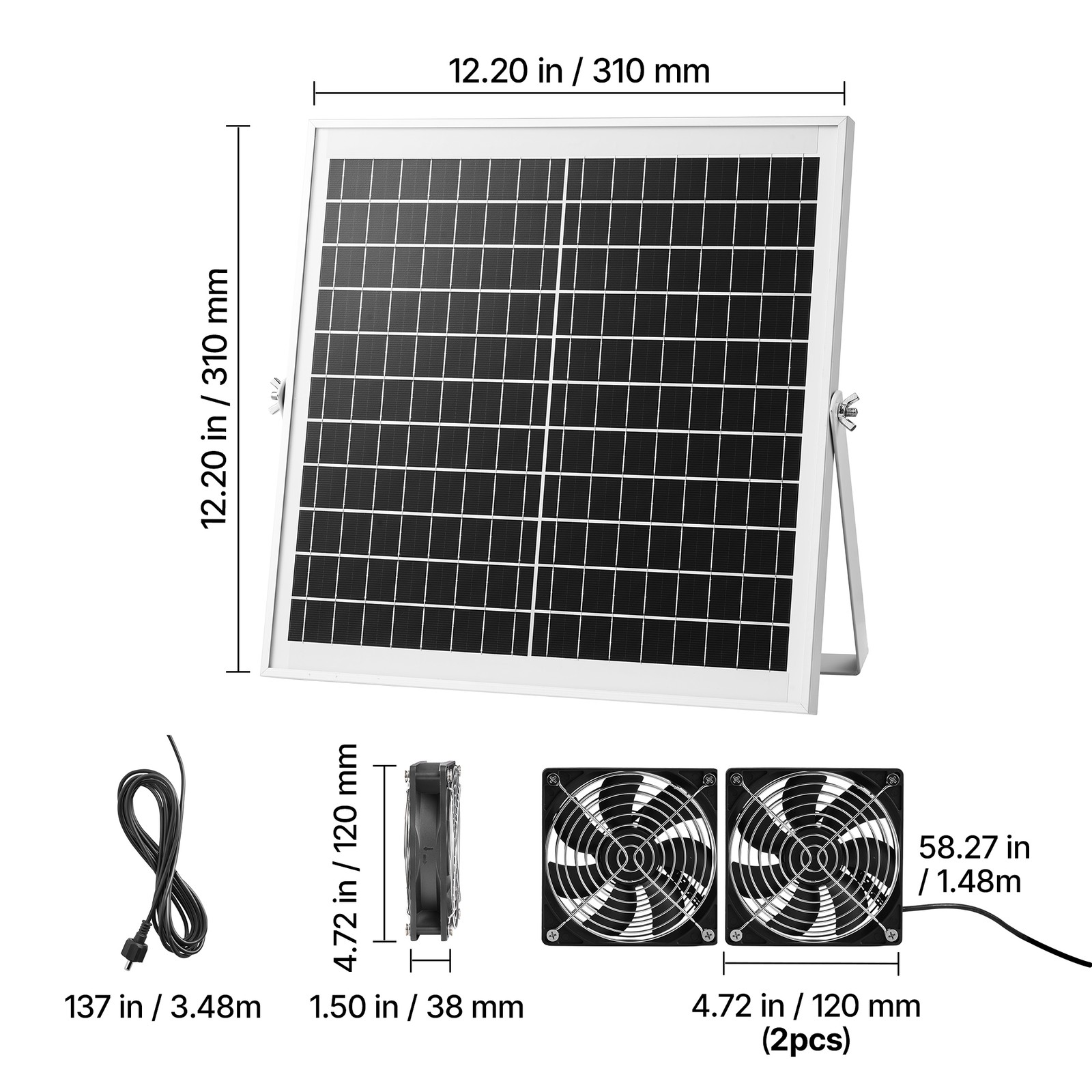 Solar Powered Fan, 15W Solar Panel with 2 Fans, Adjustable Solar Panel Angle