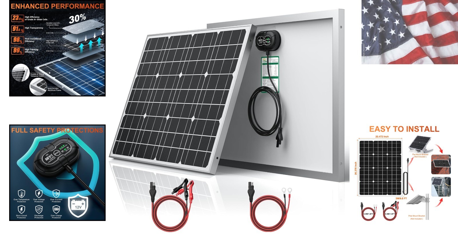 12V 50W Solar Panel Battery Charger Ultra, Built-in UltraSmart MPPT Charge Co…