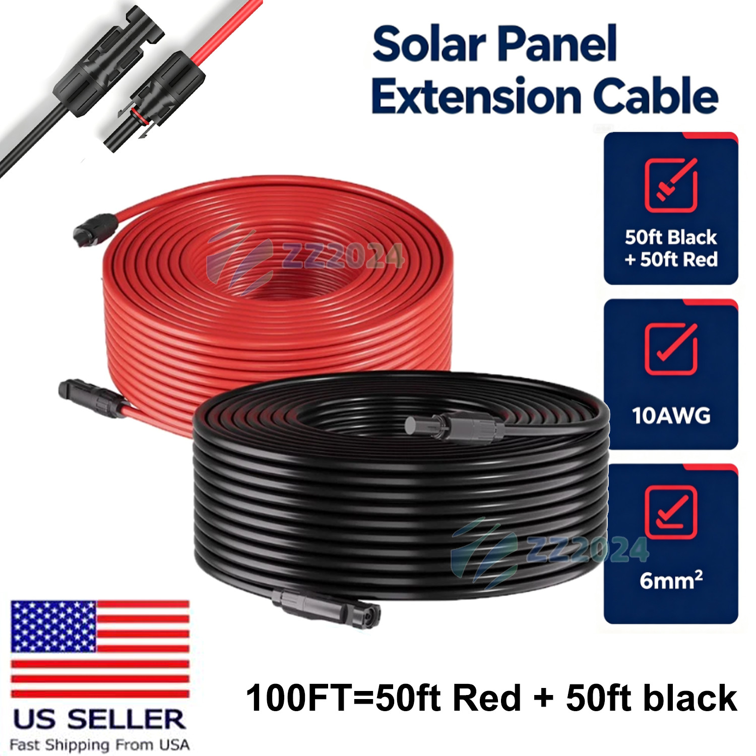 100FT 10 AWG Solar Panel Extension Cable PV Wire +Pair Solar Connectors 6mm²