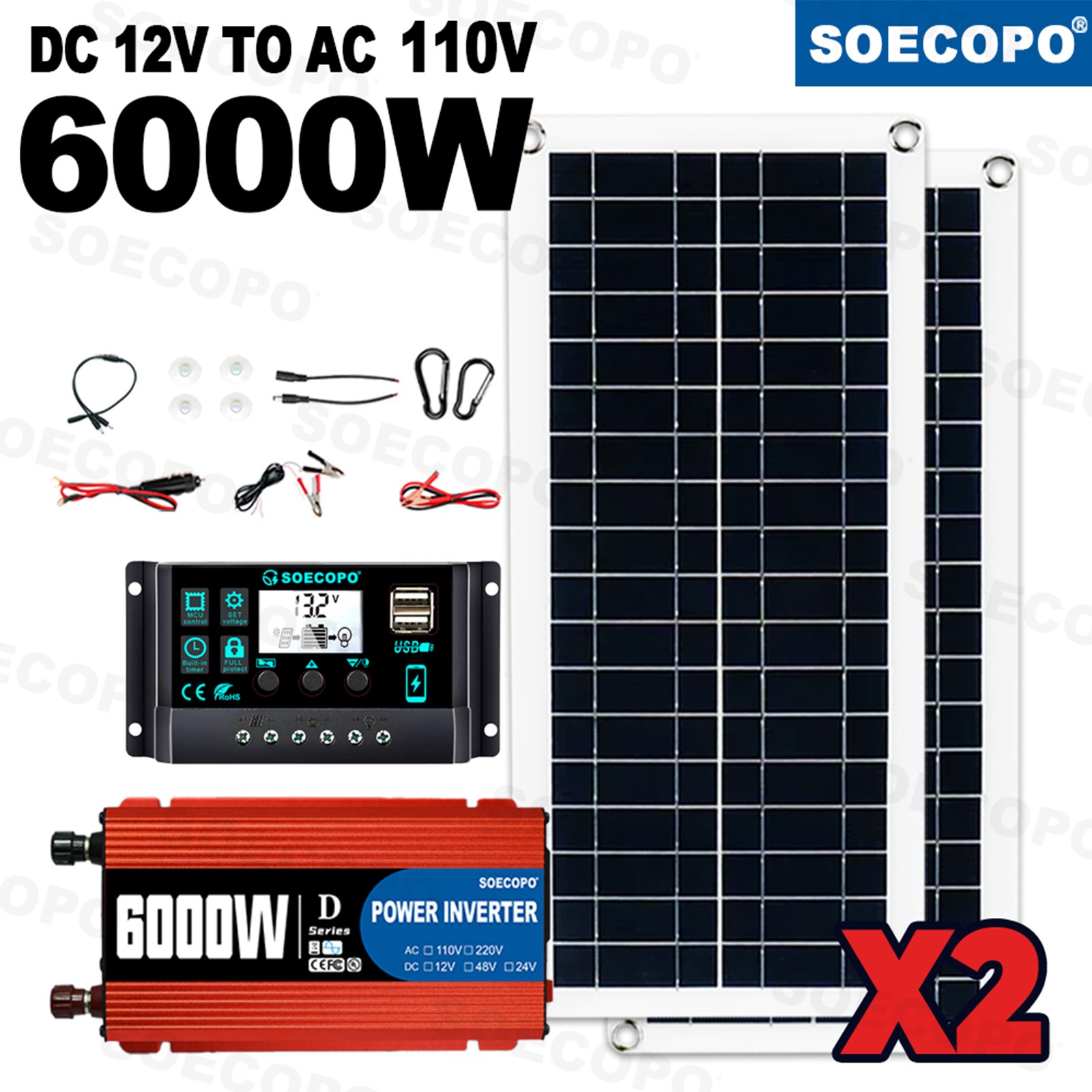 Ultimate 6000W Solar Power Bundle: Inverter DC 12V – AC 110V/220V + 2pcs Solar