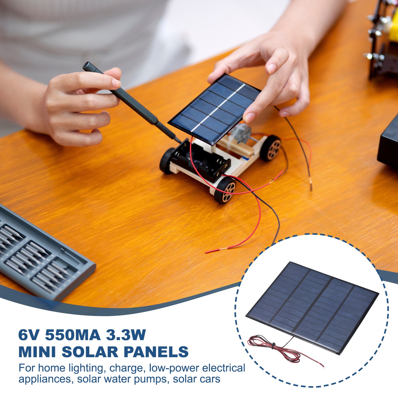 6V 3.3W 550mA Mini Solar Panels with Cable, 165 x 135mm