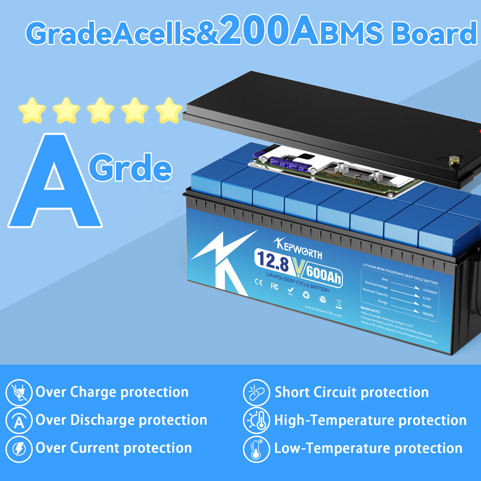 12V 600AH LiFePO4 Lithium Battery 200A BMS 15000+cycles RV Solar Panel Off-grid