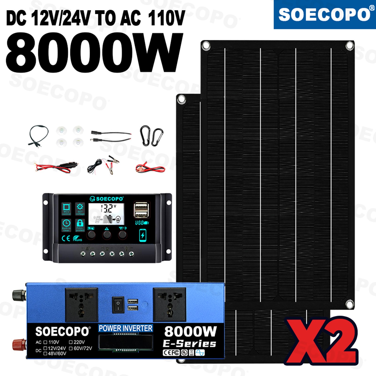 8000W Solar Generator Kit Inverter + 2 Rugged Solar Panels + 100A Controller
