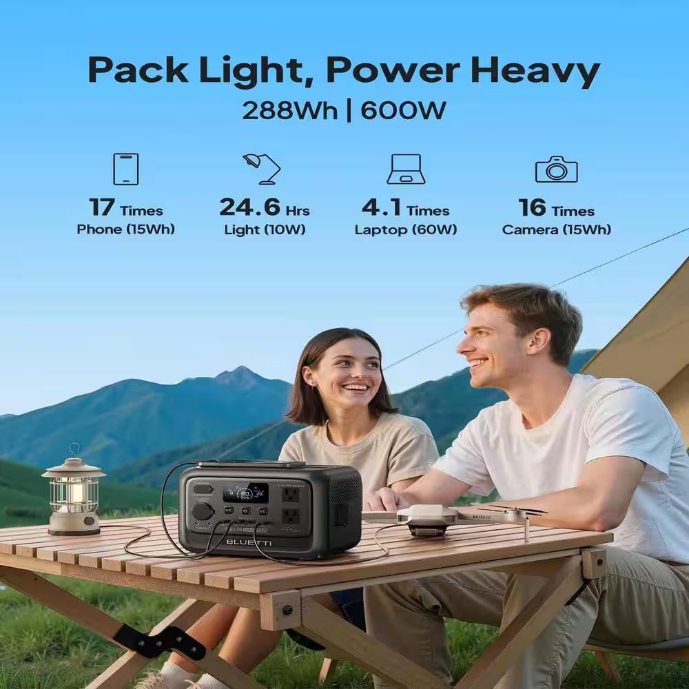 600W Continuous/1500W Peak Output 288Wh Portable Power Station, Push Button Star