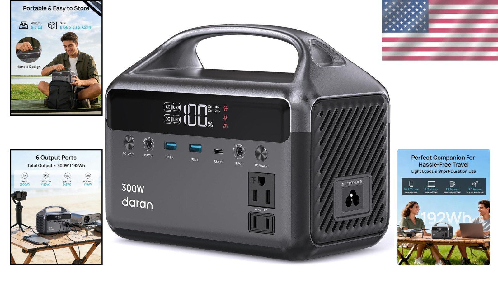 Lightweight 300W Power Station with Pure Sine Wave, Ideal for Camping & Home Use