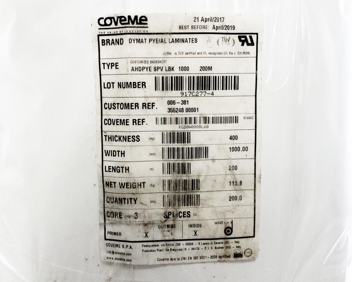 CoveMe AHDPYE-SPV-LBK Dymat PYE/AL Solar Panel Backsheet 1000mm 200M Roll