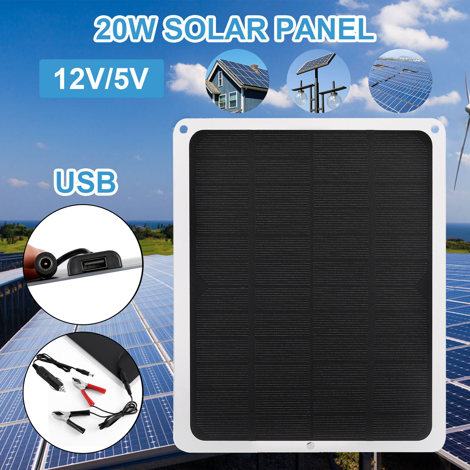 20W Solar Panel 12V Trickle Charger Battery Charger Kit Maintainer Boat Car RV