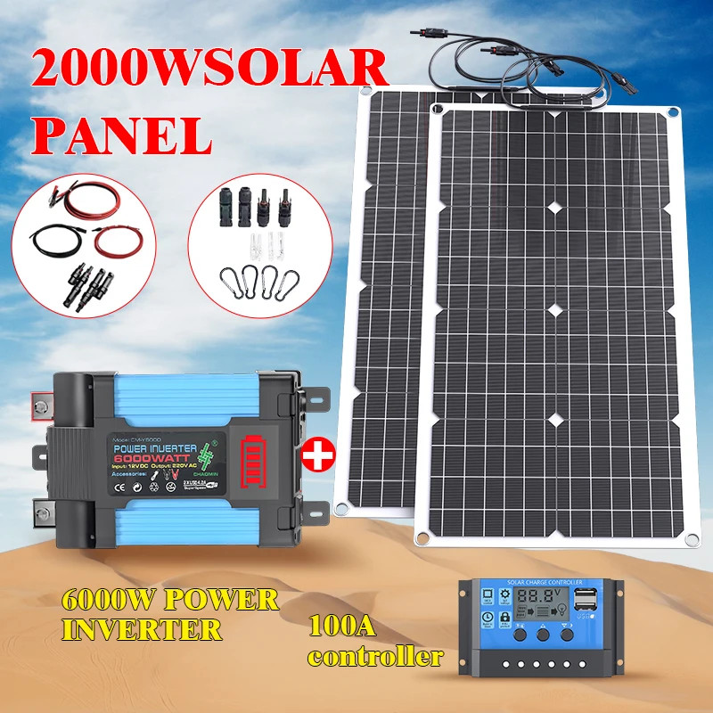 110V220V 6000W Flexible Solar Panel System Kit 12V Battery Charger Controller In