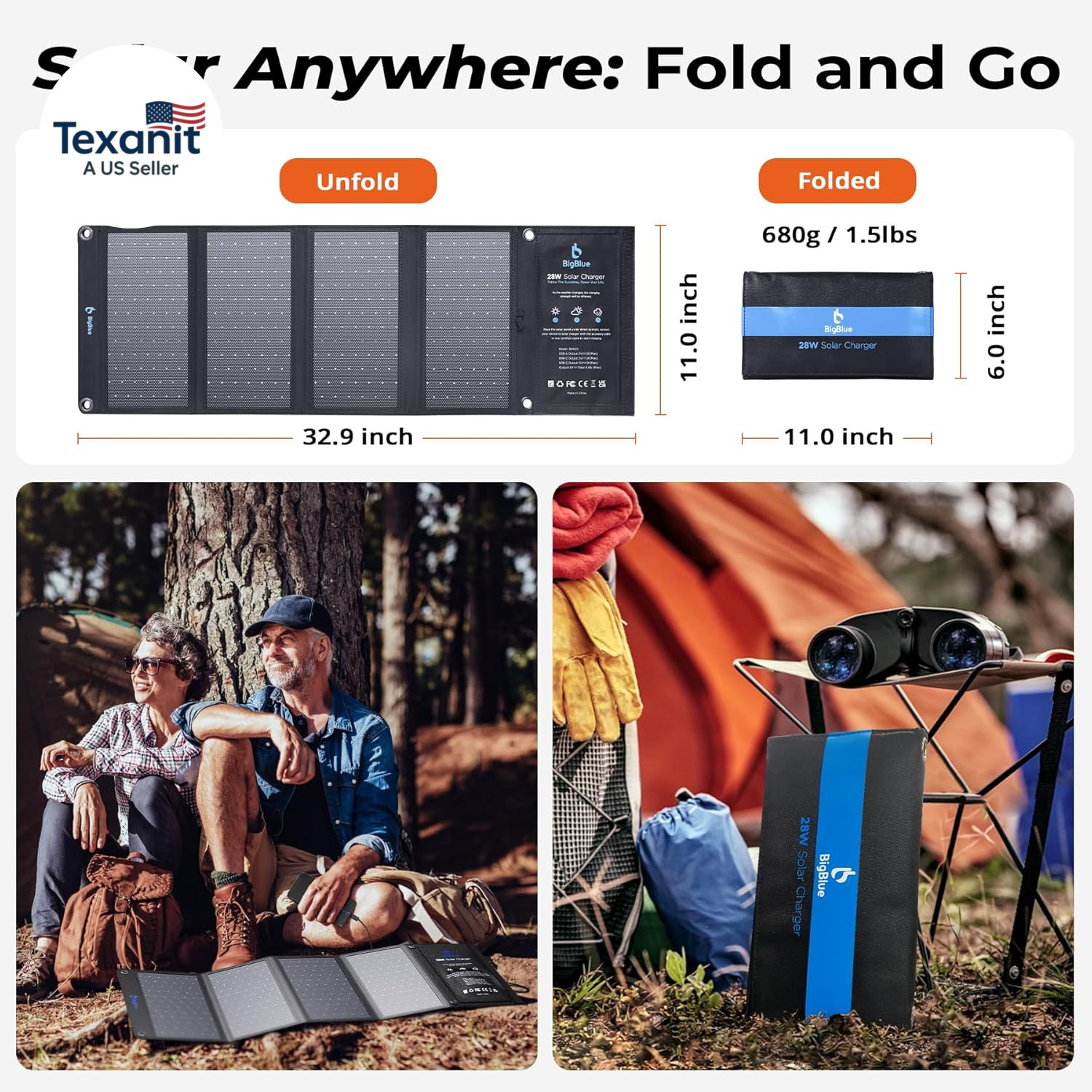 28W Solar Panel Charger with Dual USB-C and USB-A, Portable Solar Phone Charger
