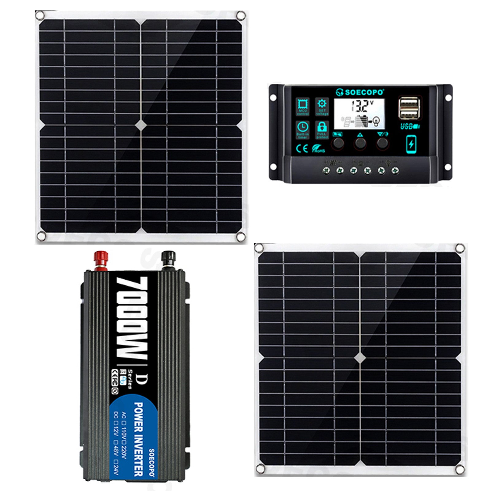 7000W Off-Grid Solar Kit 7000W Inverter 2pcs 300W Solar Panels 12V to 110V