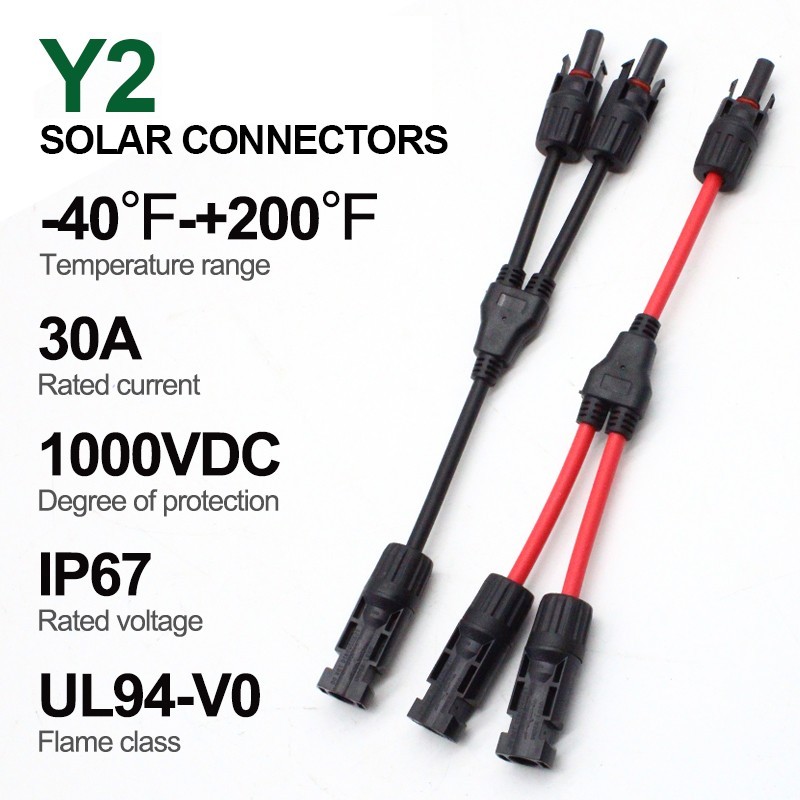 2 Pair Solar Connectors Y Branch Parallel PV Adapter Cable Wire Plug Connector