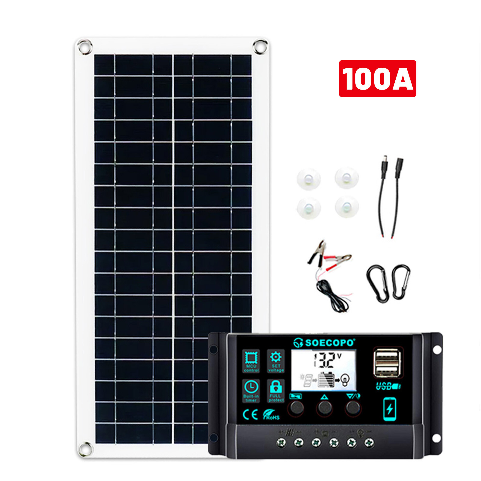 Solar Panel Kit 10A-100A Controller 12-18V Battery Charger Dual USB Caravan Boat