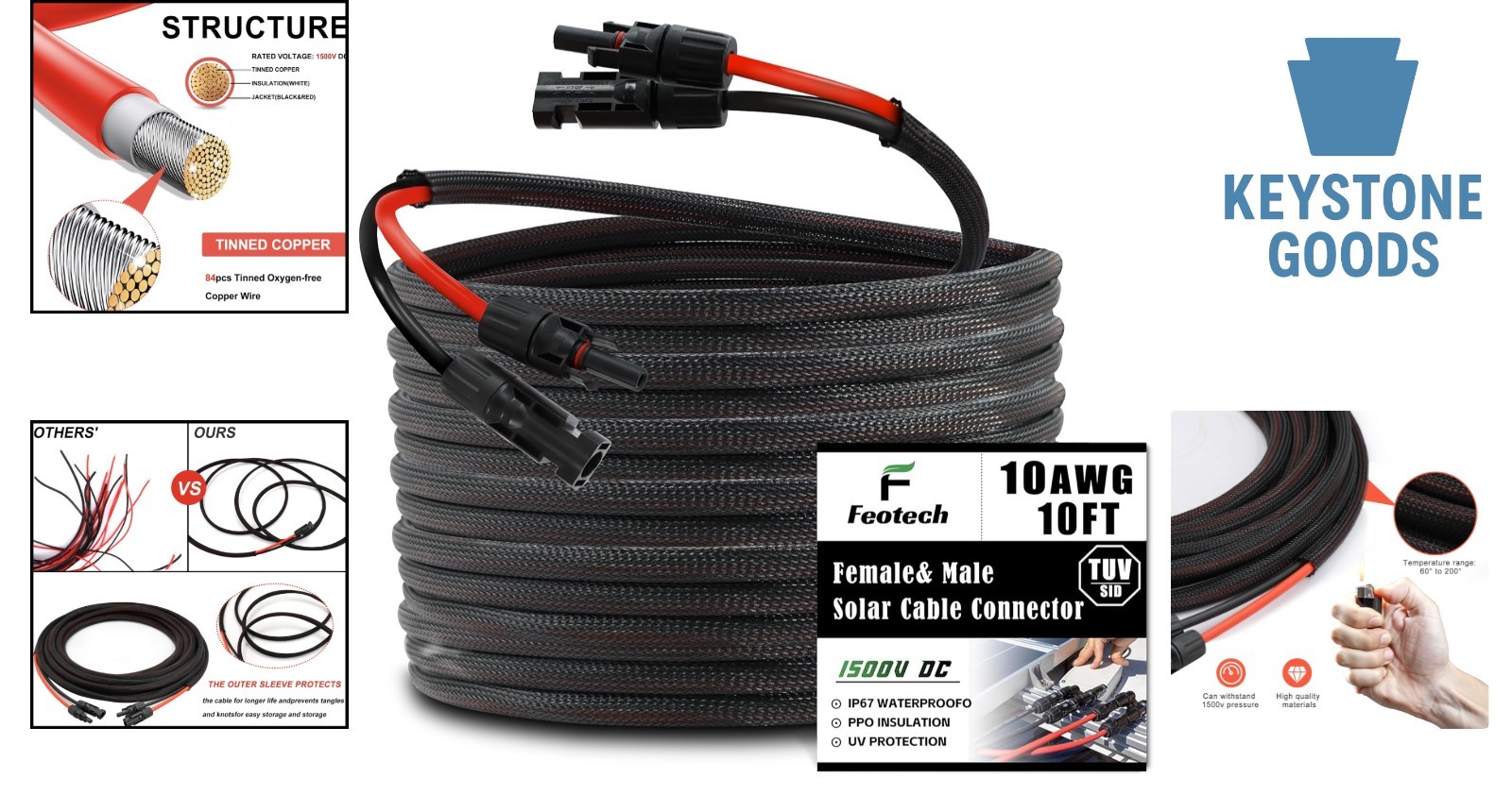 10ft Solar Extension Cable 10AWG for Outdoor Marine RV Automotive