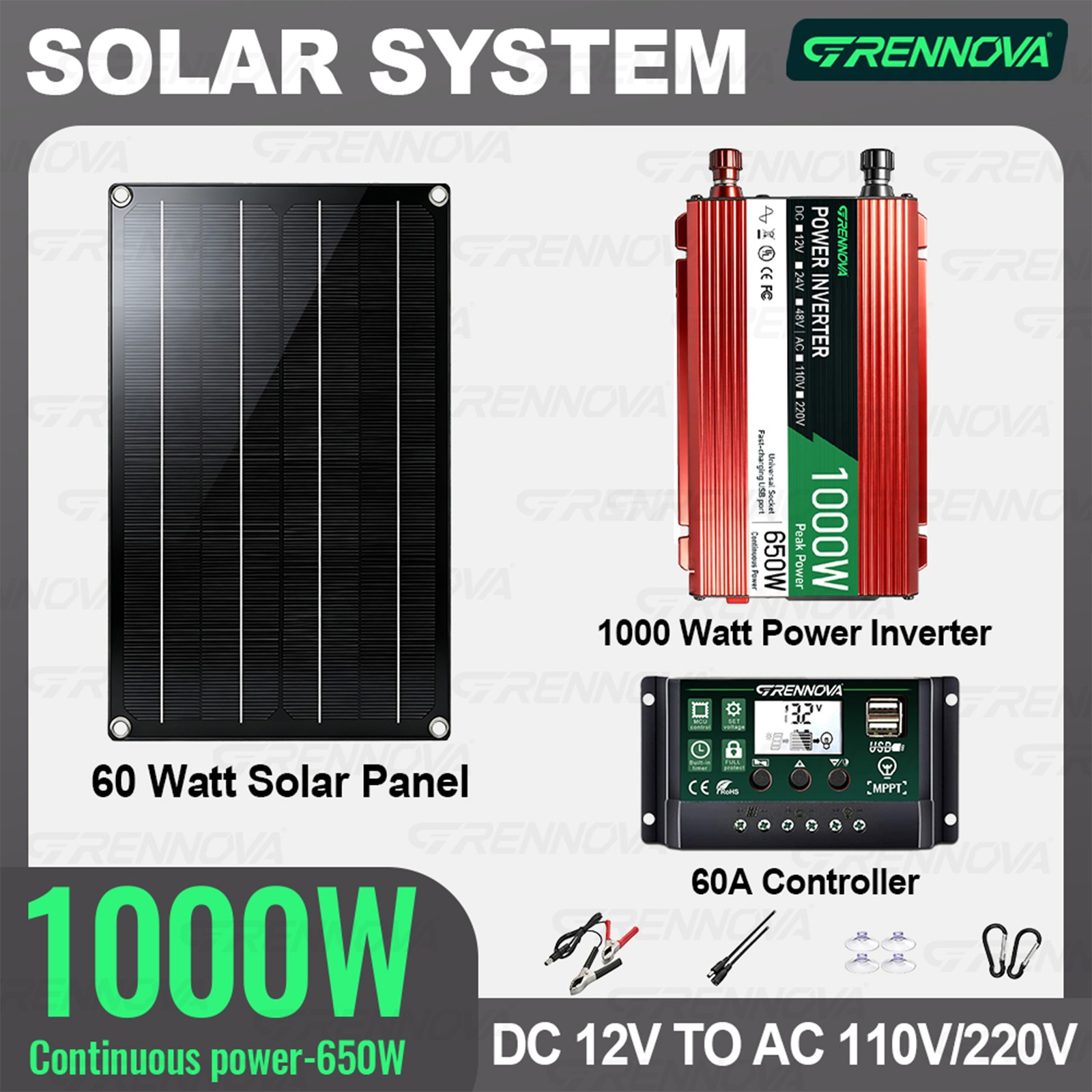 Grennova 1000W Off-Grid Solar System 60W Panel 60A MPPT Dual Voltage Inverter