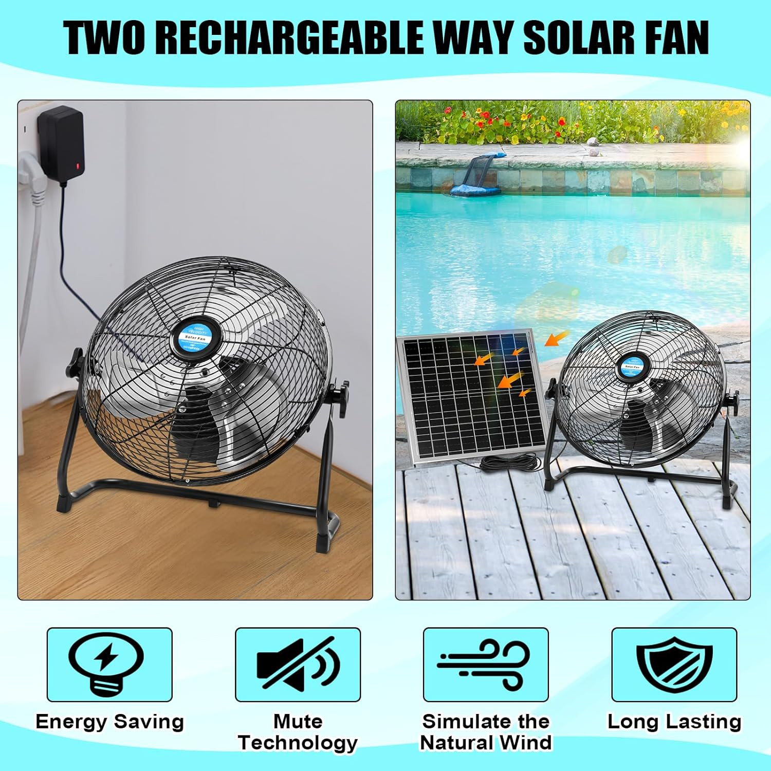 14 Inch Solar Panel Powered Fan, 2 in 1 Solar Panel or AC Charger Powered Fan 12