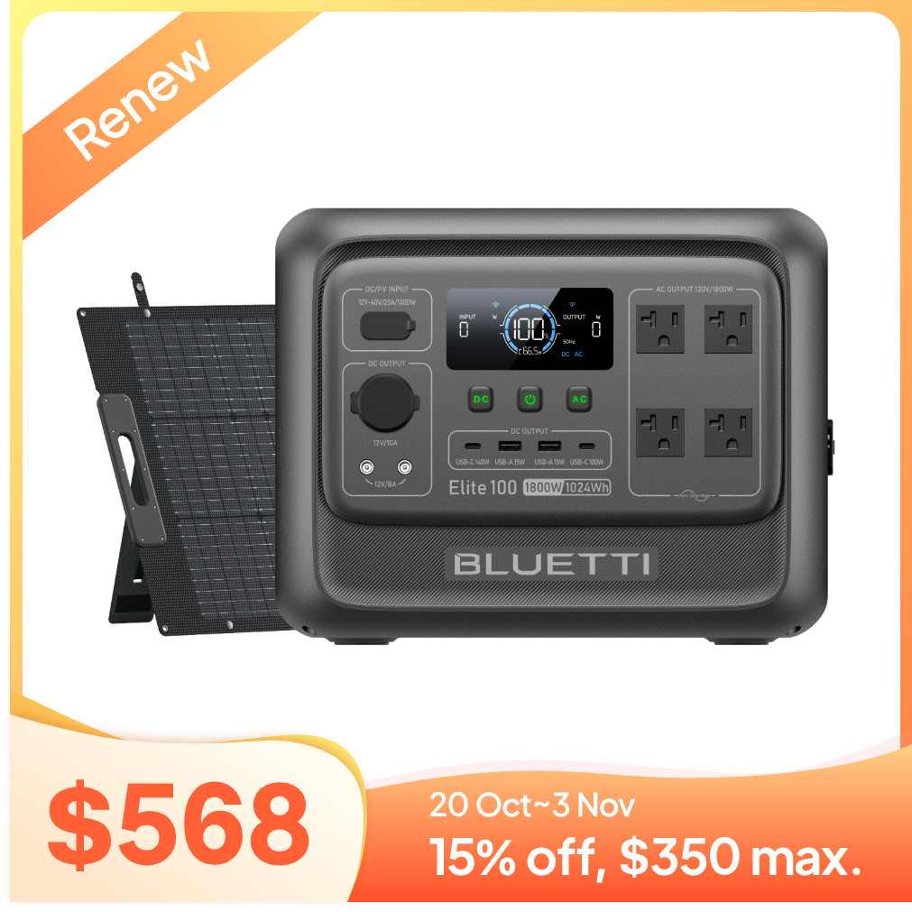 BLUETTI Elite 100 V2 1800W 1024Wh Power Station+200W Solar Panel Kit for Outdoor