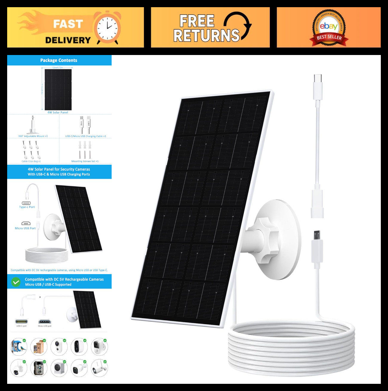 4W USB Solar Panel Charger for Security Camera, IP66 Waterproof, 360° Adjustable