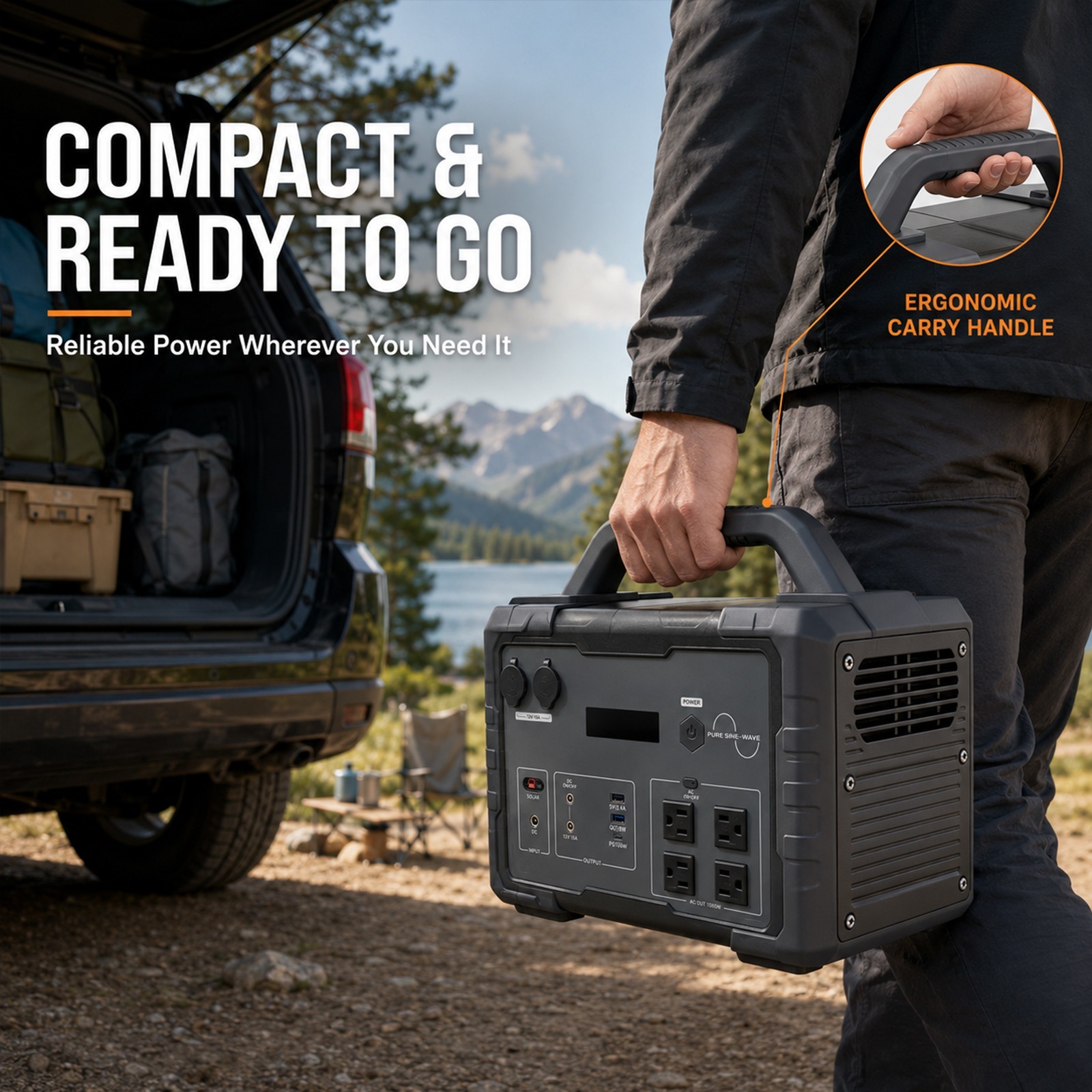 Black 1000W1024Wh LiFePO4 Portable Pure Sine Wave Power Station With Flashlight
