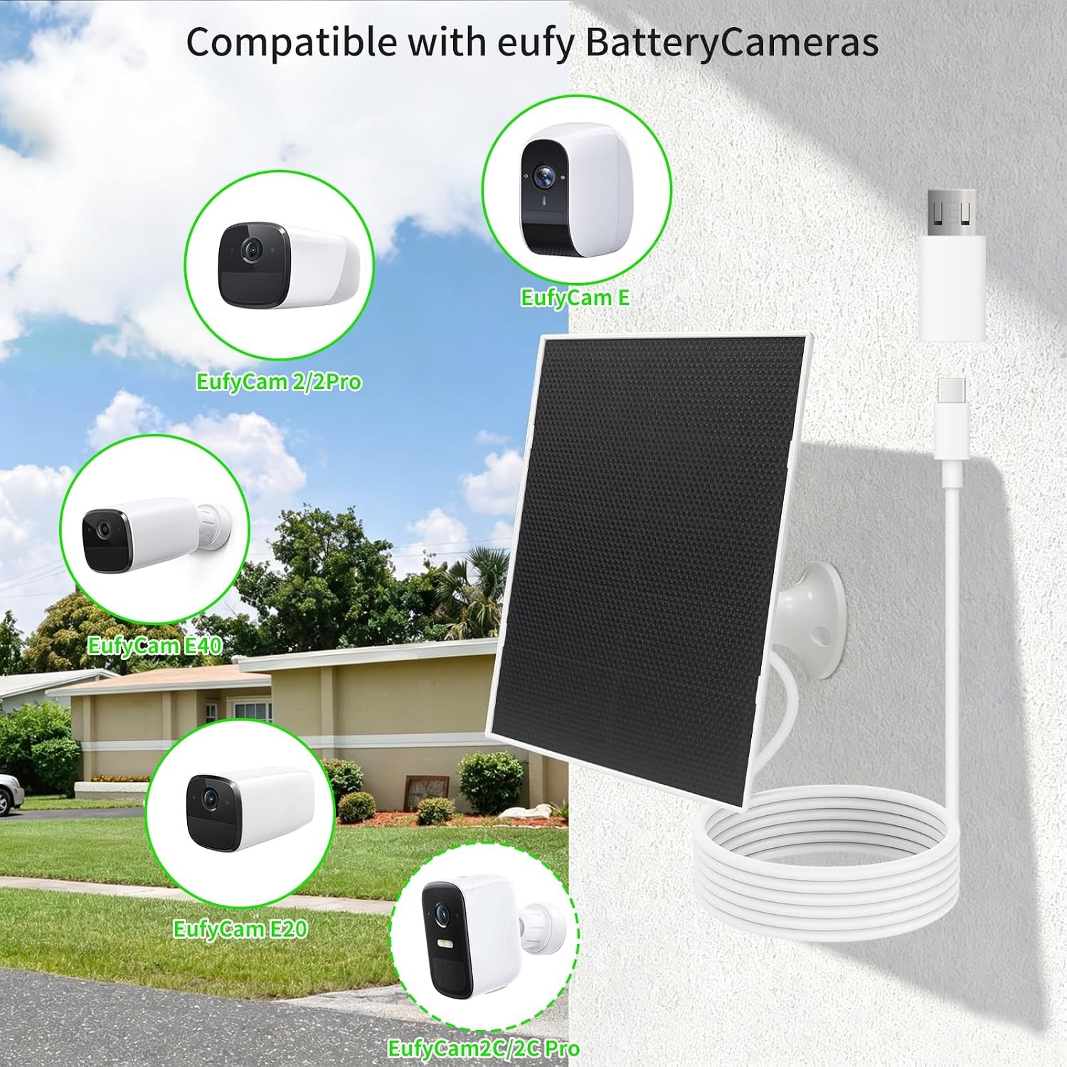 4W White Waterproof Solar Panel Charger for Security Camera Type C Micro USB
