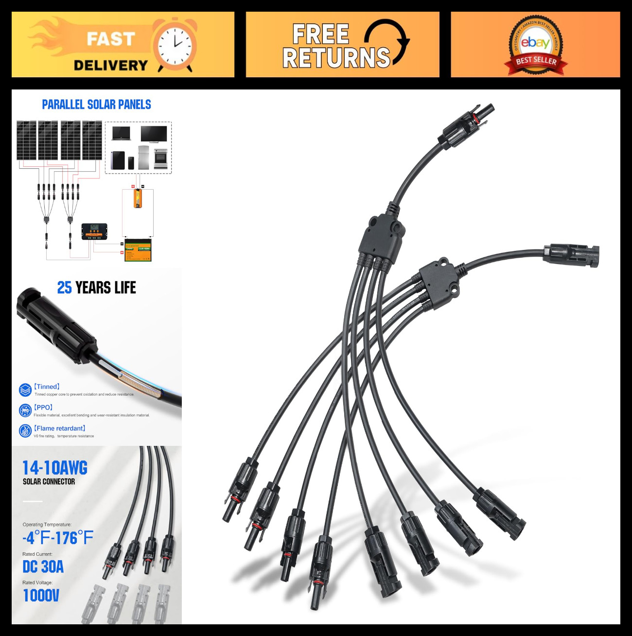 Solar Connectors Y Branch 1 to 4 Parallel PV Adapter Cable Kit for Solar Panels