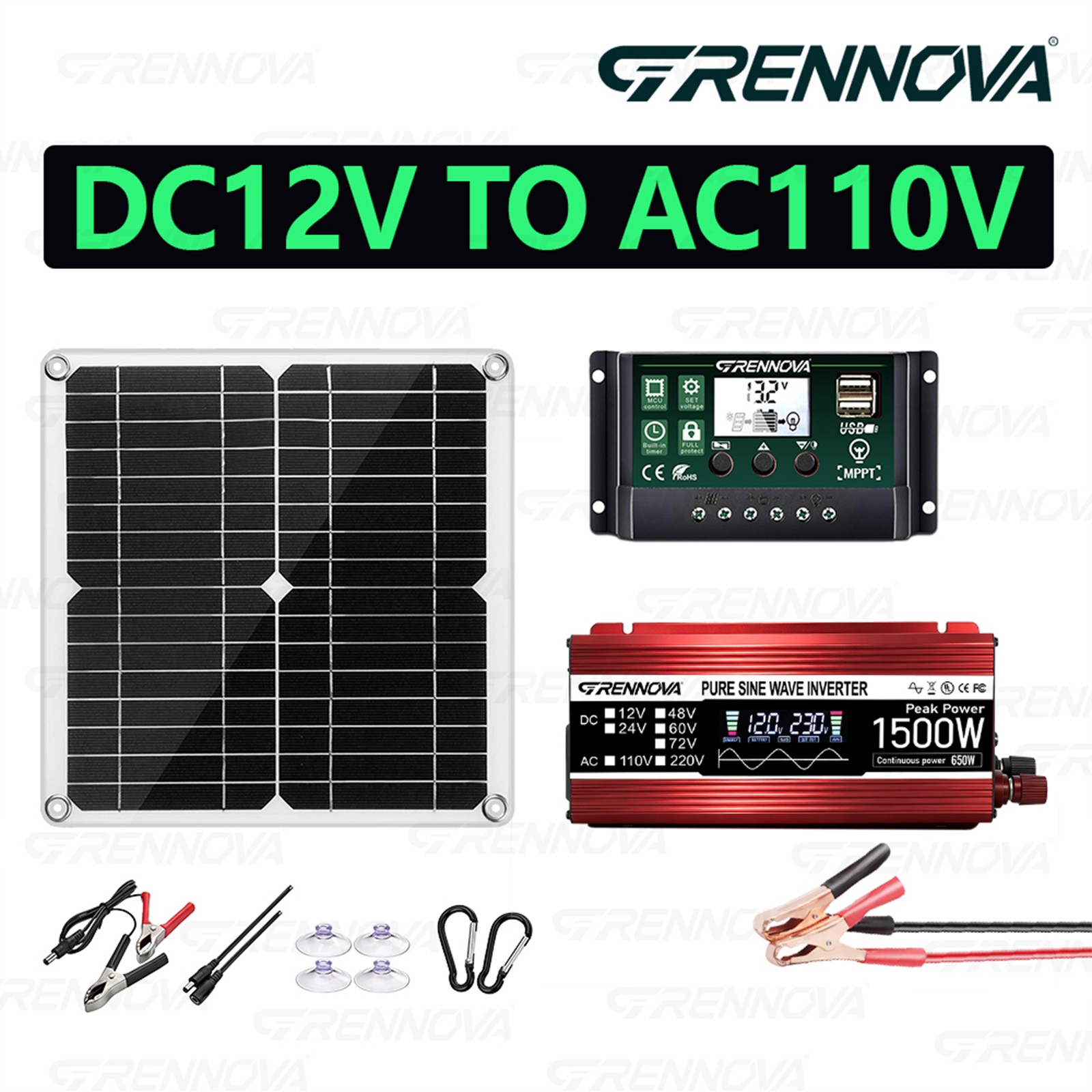 Grennova 1500W Real Power Solar Kit 30W 60A MPPT Pure Sine Off-Grid Home Camping