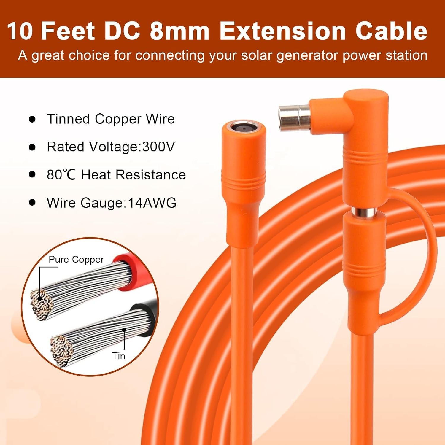 Durable 10FT Orange Extension Cable for Solar Panels and Portable Power Stations