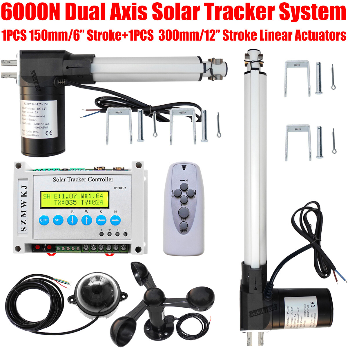Dual Axis Solar Tracker 6000N 12V Linear Actuator Tracking Controller System Kit