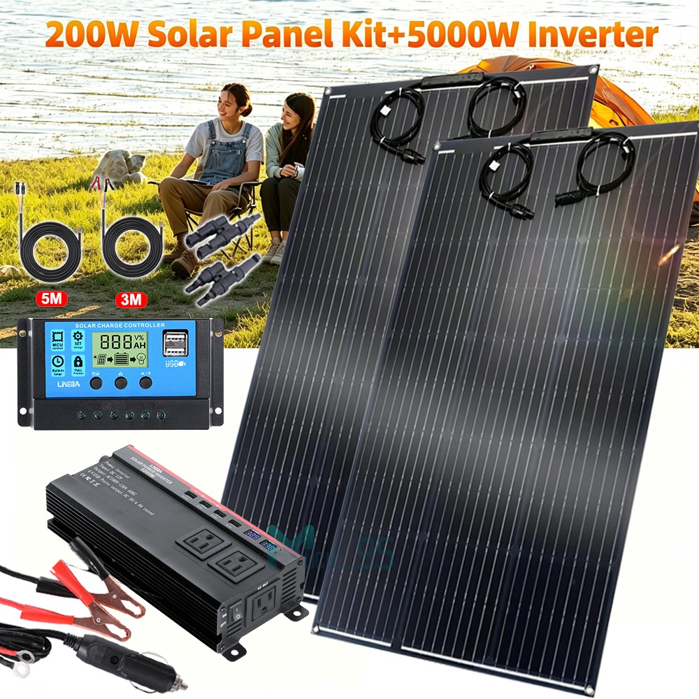 Full 200W Eco Solar Panel+5000W Power Generator Set 110V Home RV Off-Grid Set