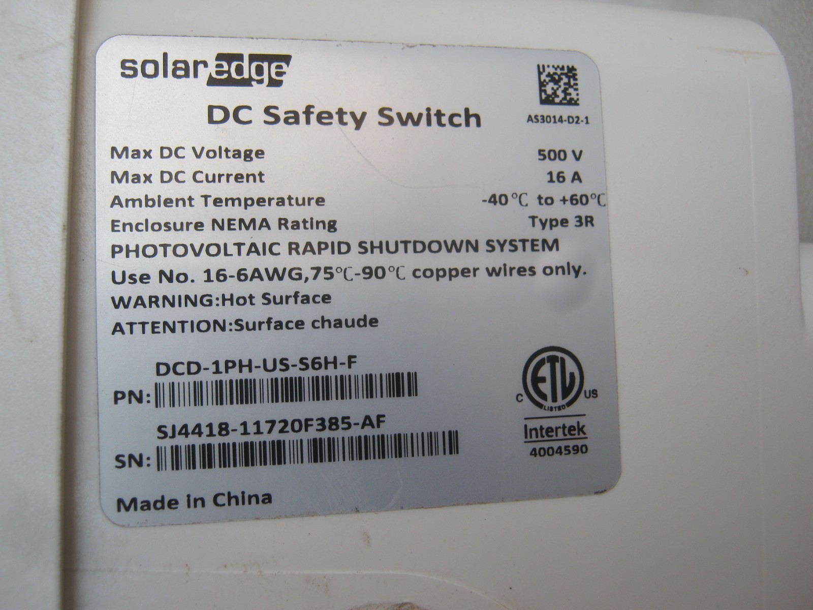 SolarEdge DC Safety Switch Disconnect Assembly Model: DCD-1PH-US-S6H-F