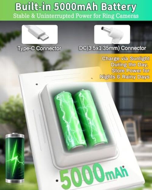 Solar Panel for Ring Camera, 3W Solar Charger Built-in 5000mAh For Ring Camera