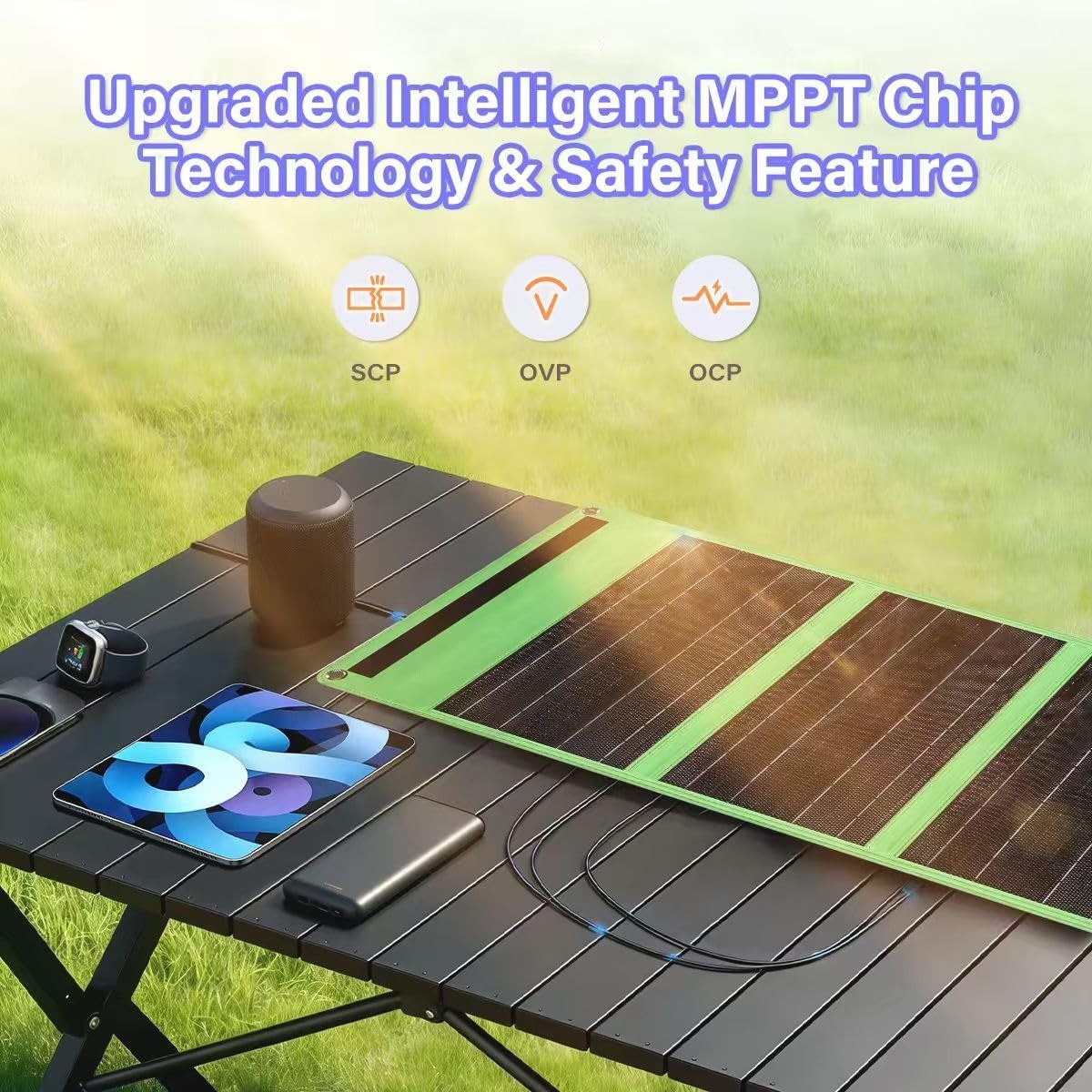 45W Foldable Solar Charger, Dual USB-A & USB-C, Waterproof Portable Power Bank f