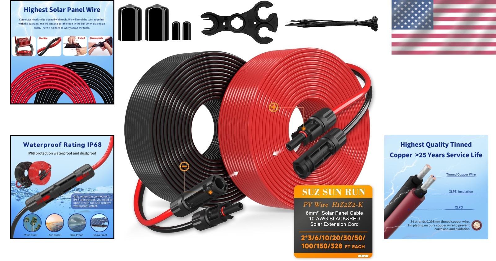 10FT Solar Extension Wire, 10AWG Tinned Copper with UV Resistance & Connectors