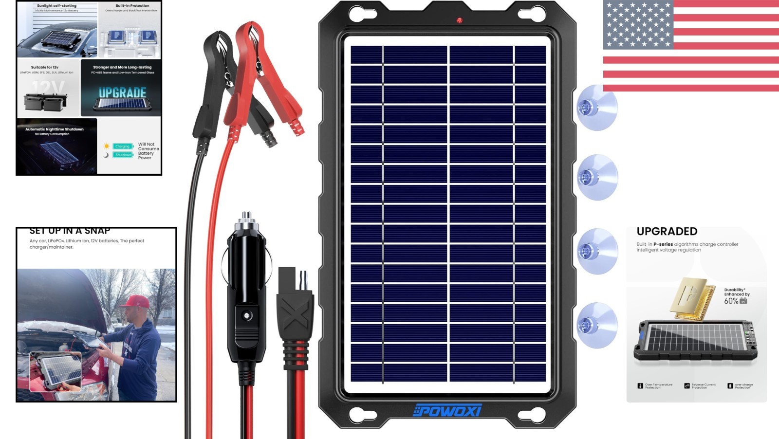 Upgraded 7.5W Waterproof Solar Battery Charger & Maintainer for All 12V Vehicles