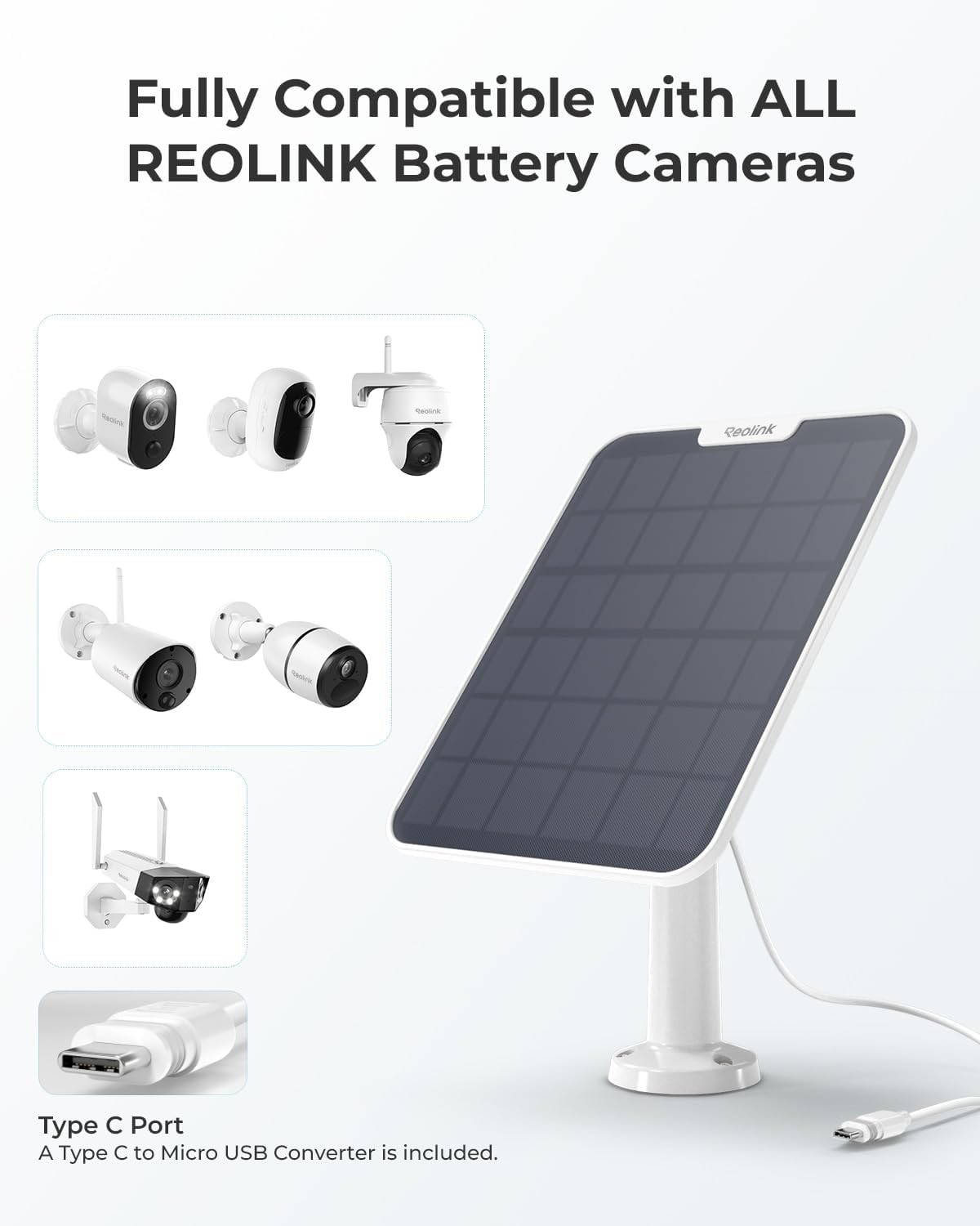 REOLINK 6W Solar Panel White, Non-Stop Solar Power Supply for All Wireless Batte