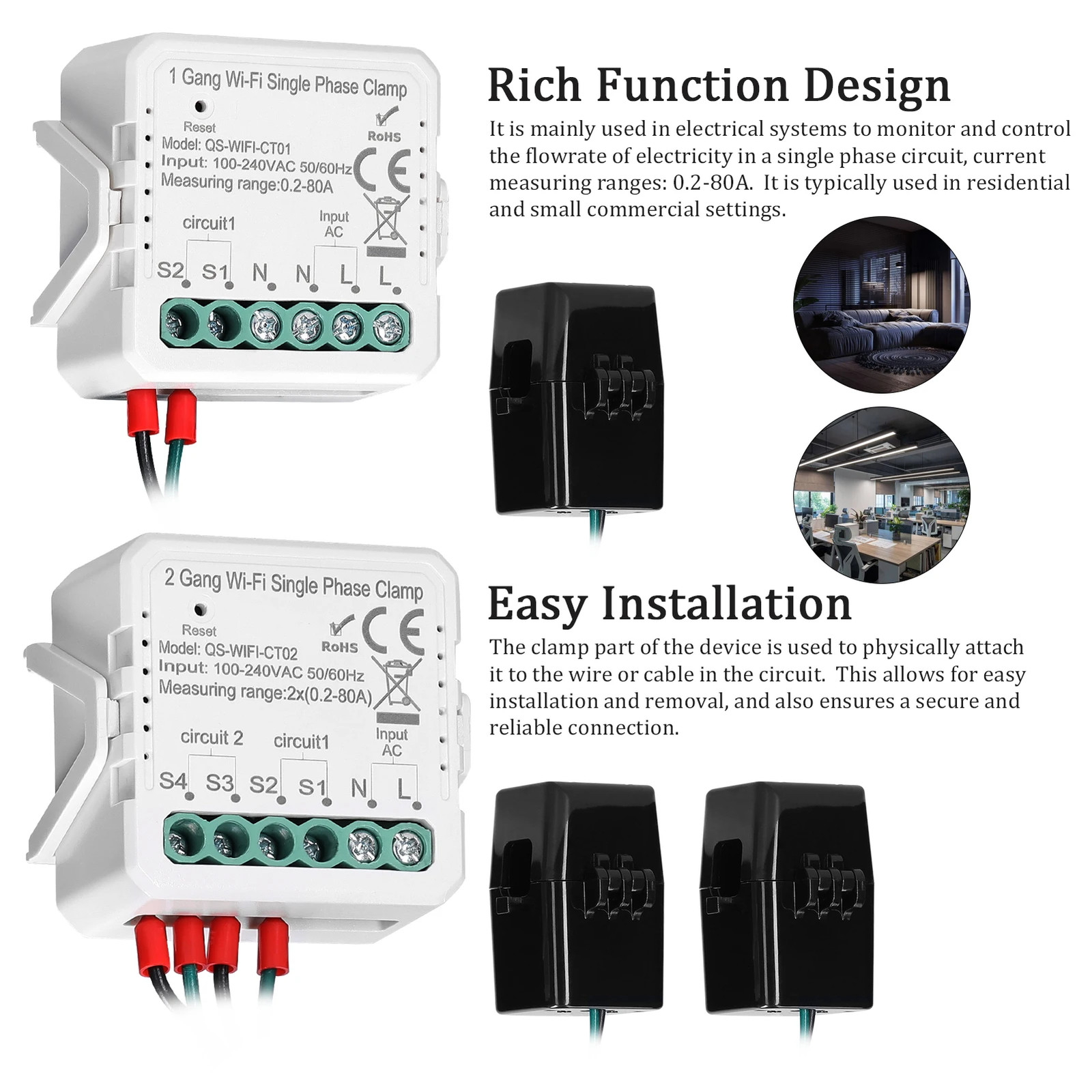 Tuya Wifi 2 Gang 80A Single Phase Clamp Solar PV Energy Meter Bidirectional Mobi