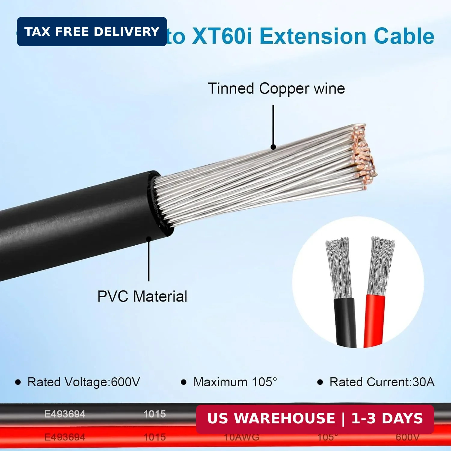 10AWG 3FT Solar to XT60i Extension Cable 3 6 10 35 50 75 100FT Heavy Duty Adapte