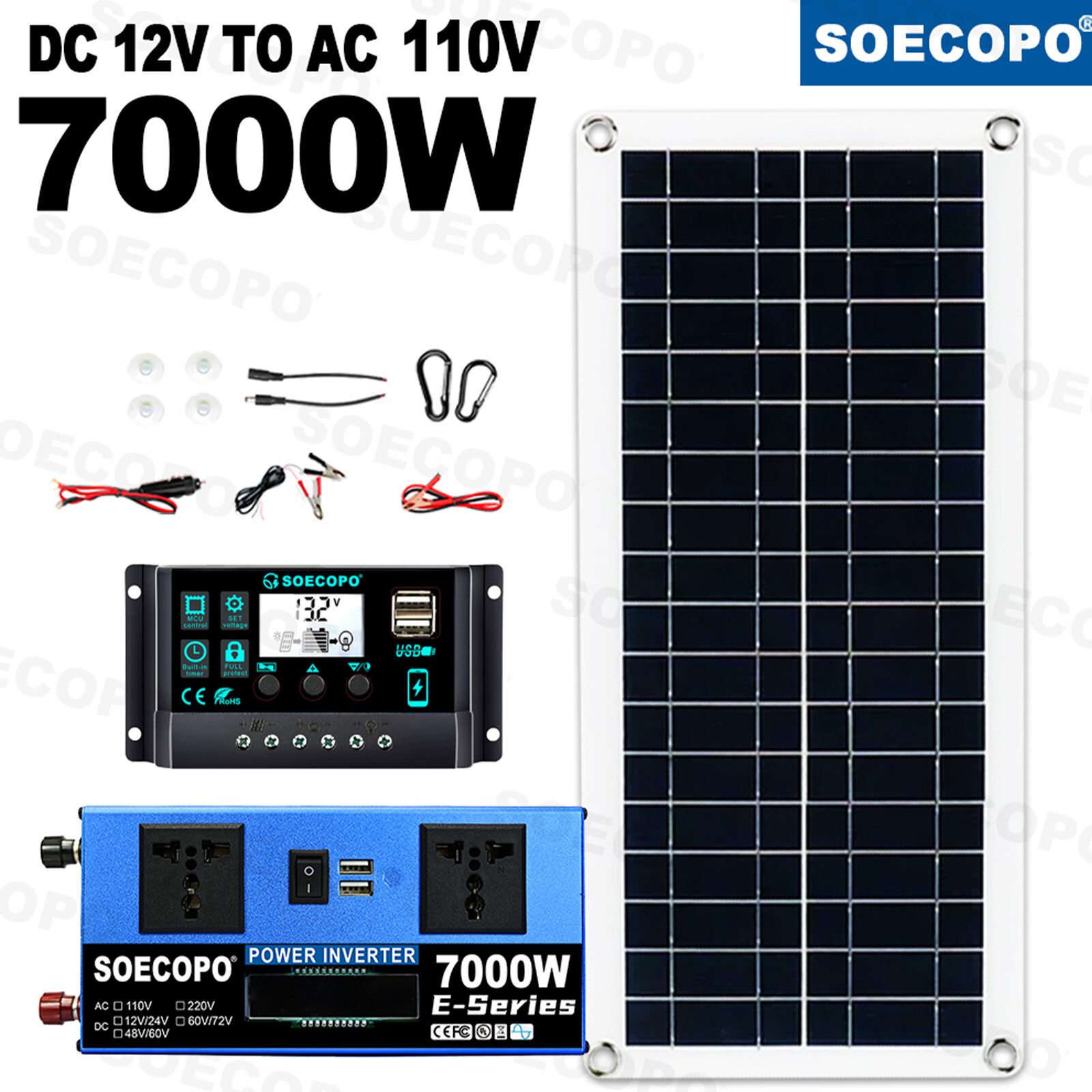 7000W Solar Kit 12V 110V Inverter Battery ChargerLighting/Camping 200W PanelJY