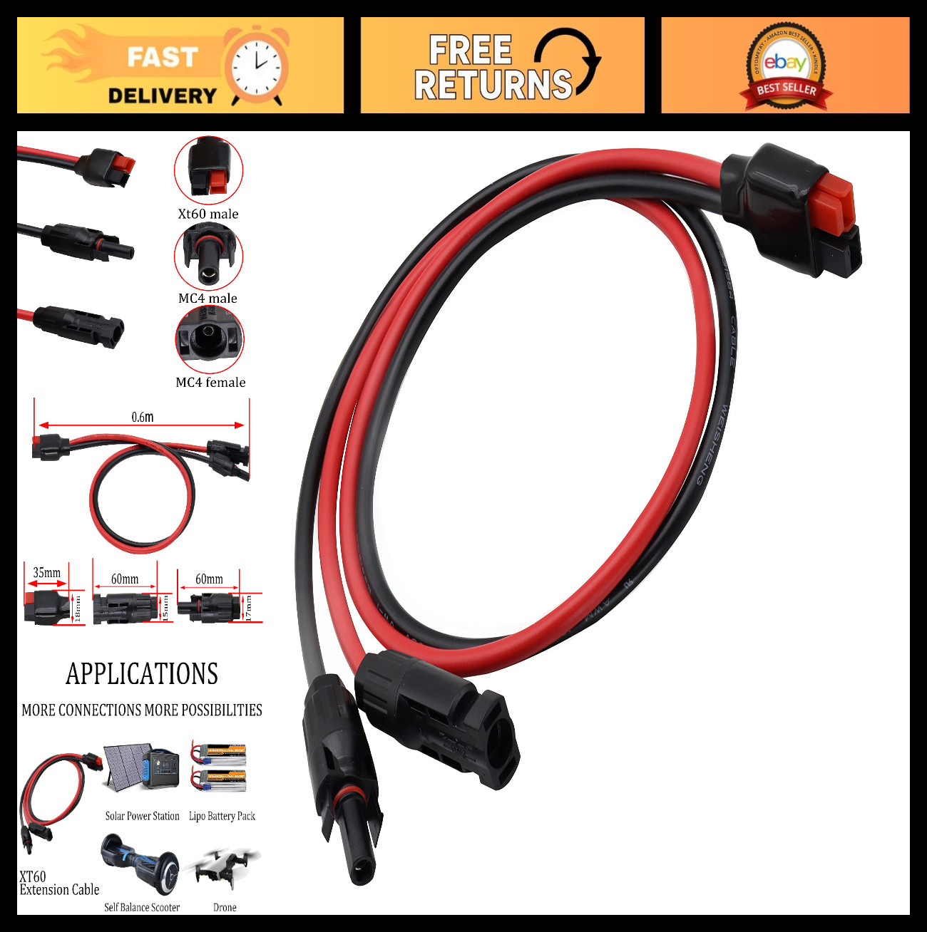 10AWG Solar Panel Cable Connector to Female Adapter for RV/Van Camping 60cm
