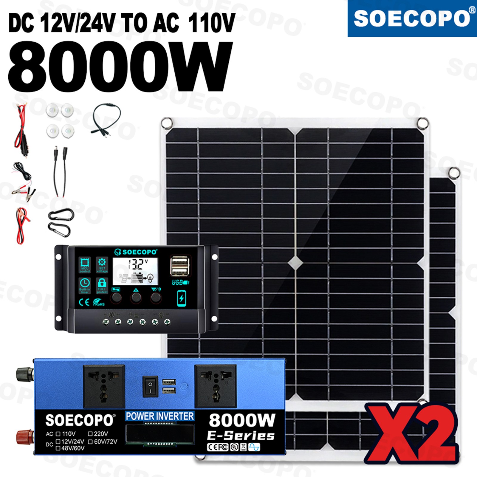 8000W Solar Inverter Kit (12V24V to 110V/220V ) + 2pcs Solar Panels + Controller