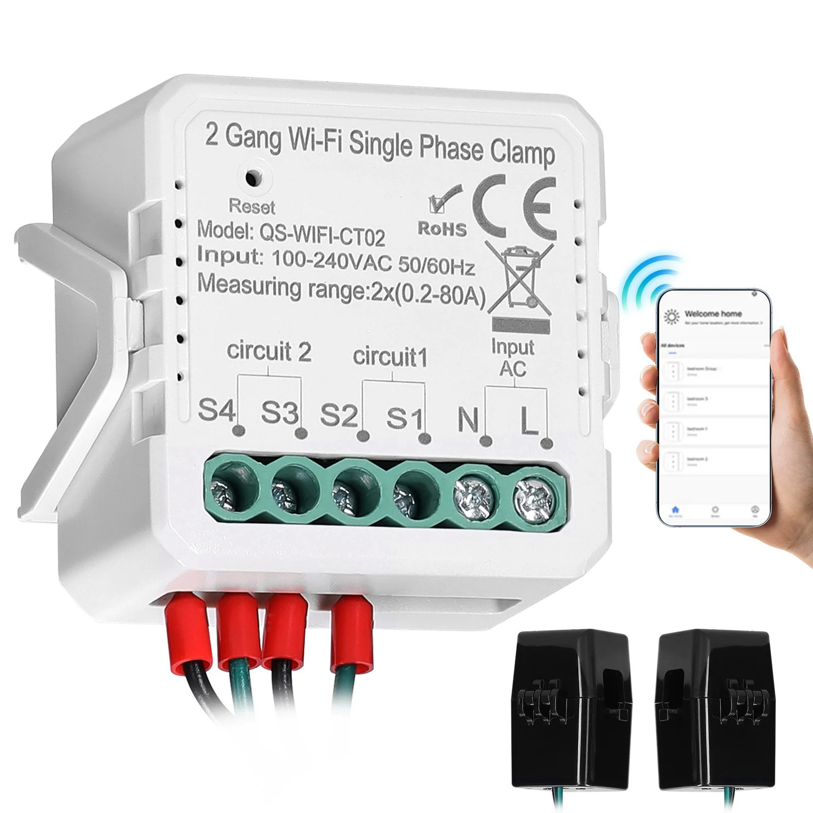 Tuya Wifi 2 Gang 80A Single Phase Clamp Solar PV Energy Meter Bidirectional Mobi